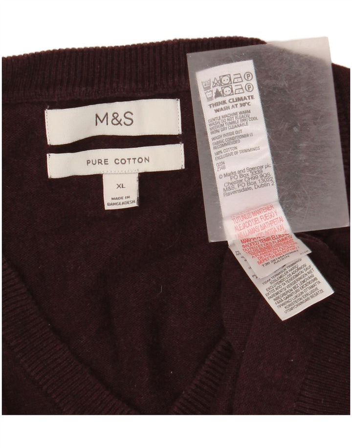 Marks & Spencer Męski sweter z dekoltem w kształcie litery V, XL, bordowy, bawełniany