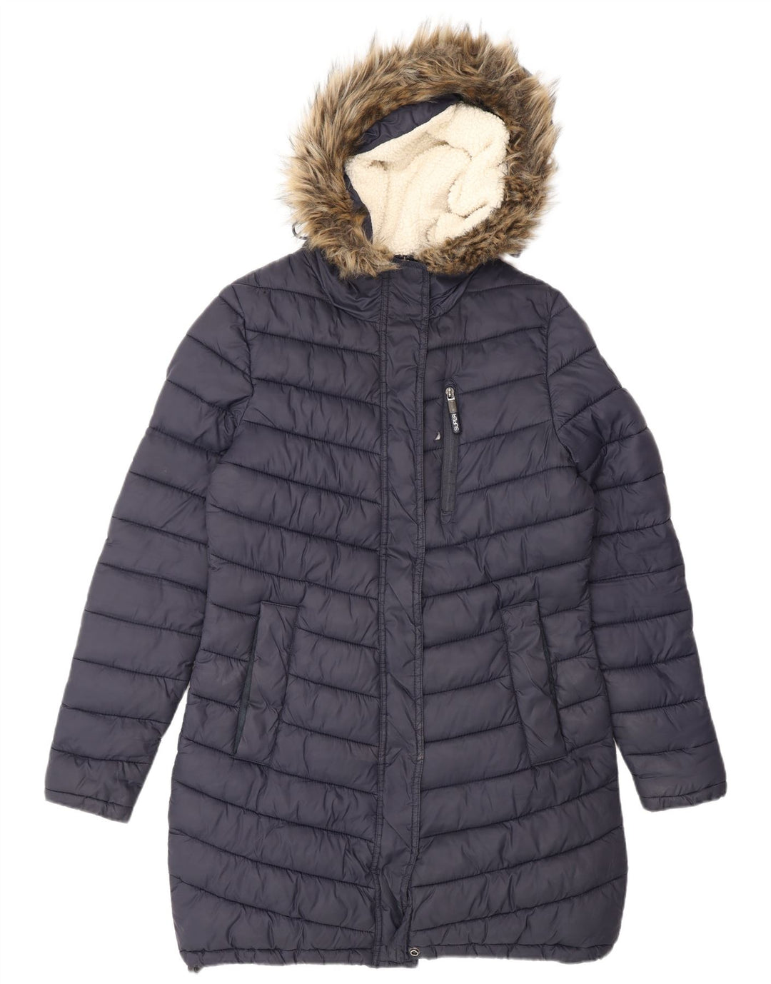 SUPERDRY Damski płaszcz z kapturem i ociepleniem UK 14, średni granatowy nylon