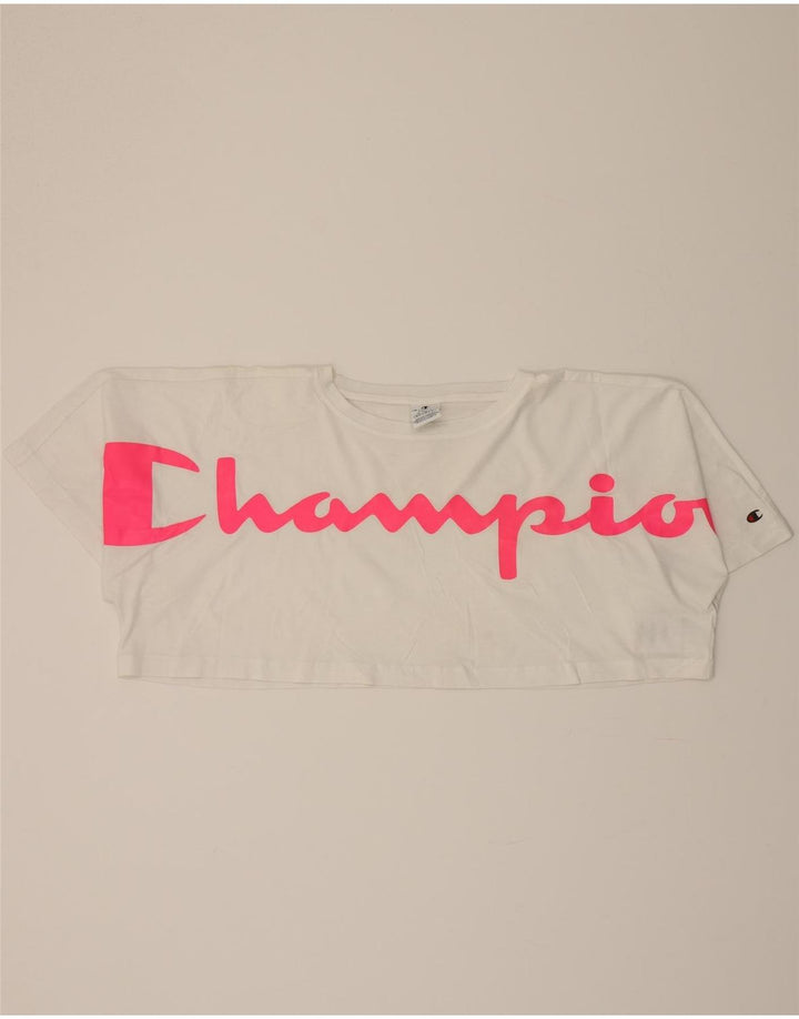CHAMPION Womens Oversized Crop Graphic T-Shirt Top UK 10 Small White Vintage Champion and Second-Hand Champion from Messina Hembry 