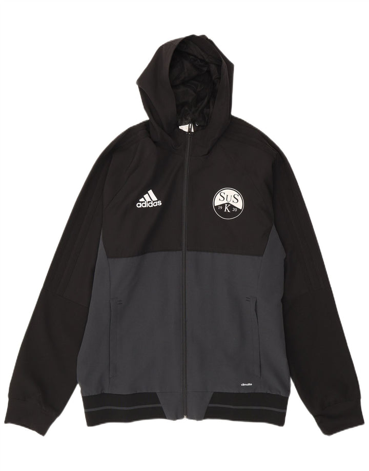 Męska bluza dresowa z kapturem i grafiką Adidas, średnia czarna, blok kolorów