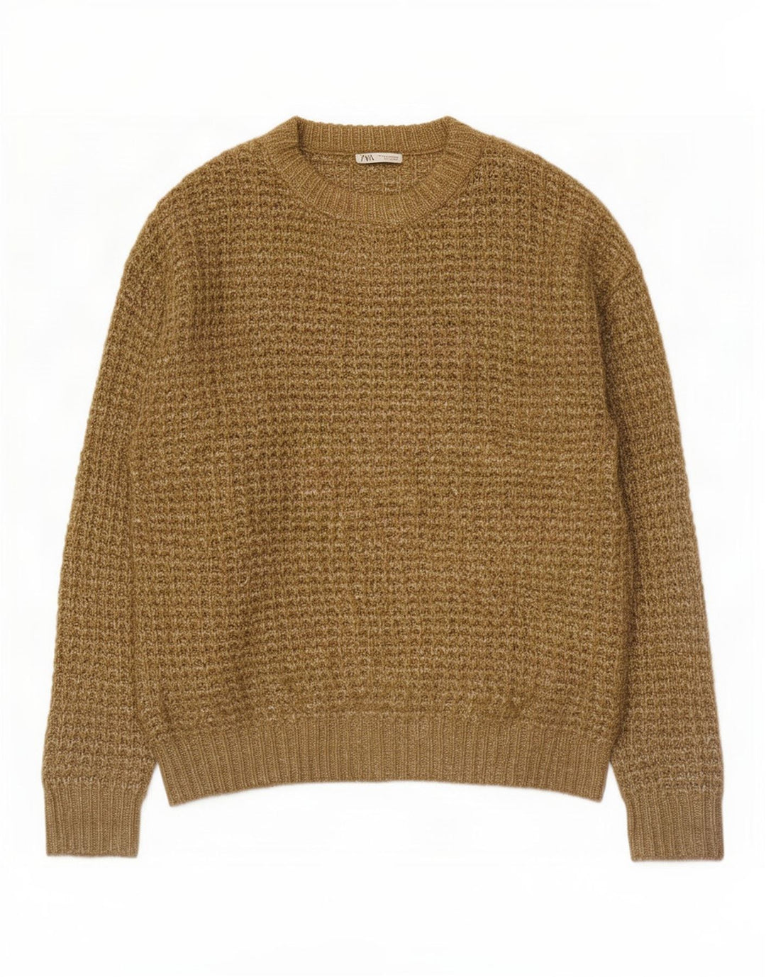Męski sweter Zara z okrągłym dekoltem, duży poliester w kolorze khaki