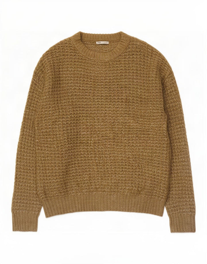 Męski sweter Zara z okrągłym dekoltem, duży poliester w kolorze khaki