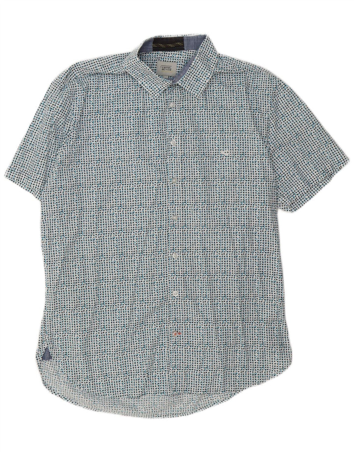 Camel Active Męska koszula slim fit z krótkim rękawem, duża, niebieska bawełna w cętki