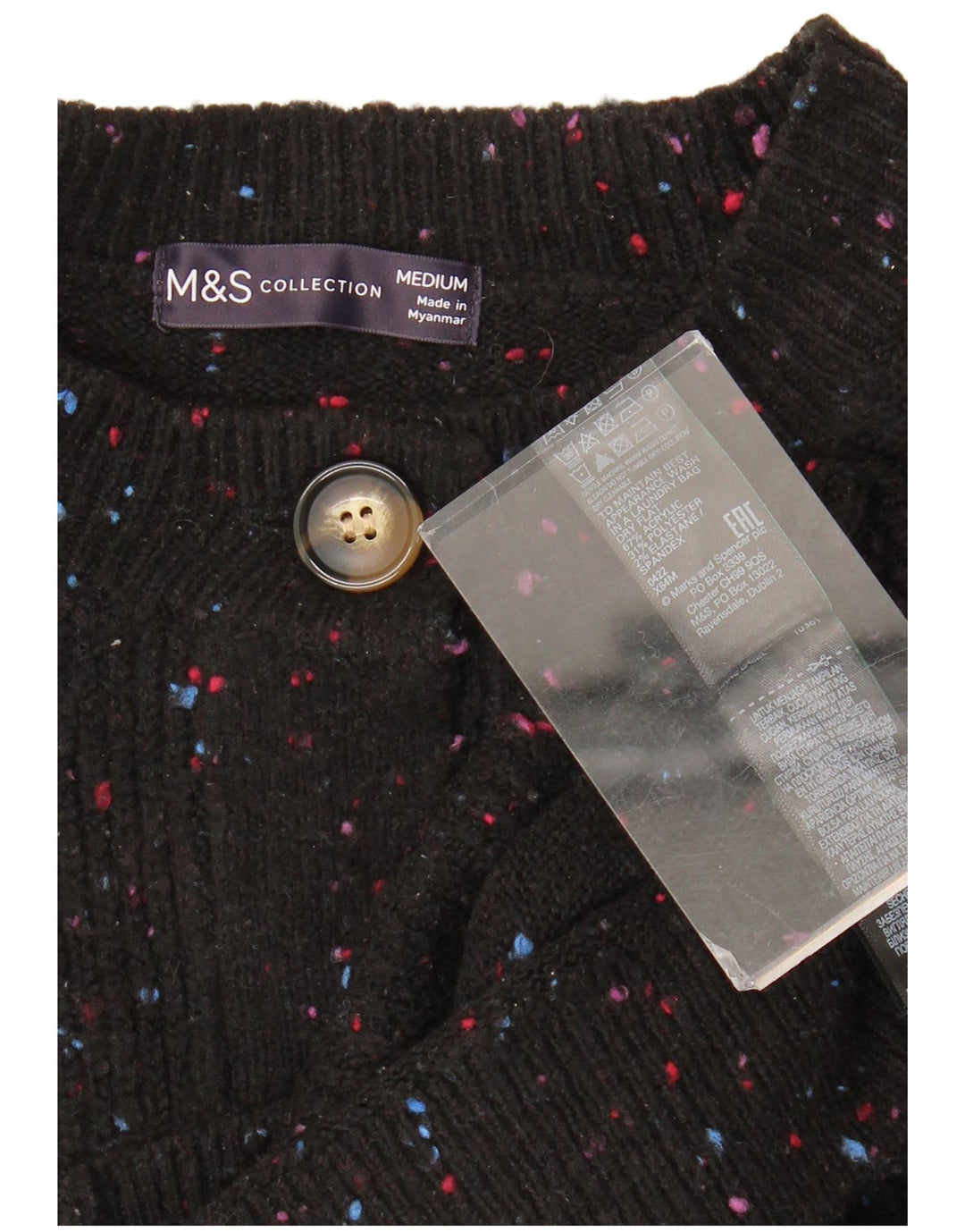 Marks & Spencer Damski sweter rozpinany UK 14 Średni czarny nakrapiany akryl