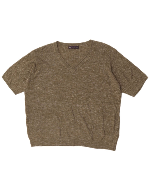 Marks & Spencer Damski sweter z dekoltem w kształcie litery V, UK 16, duży, khaki, nakrapiany