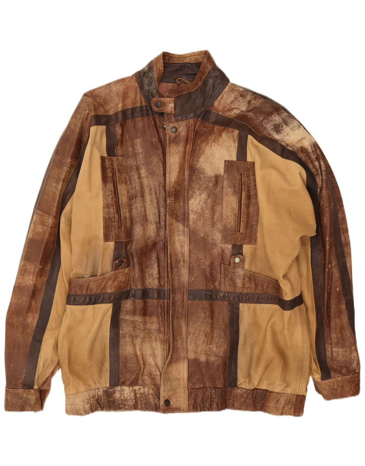 Vintage męska kurtka skórzana UK 44 2XL brązowa patchworkowa