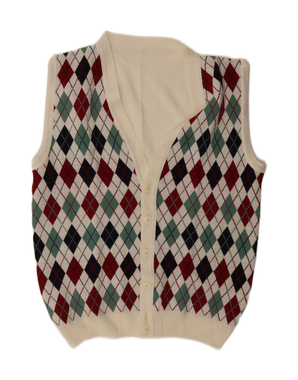 Vintage męski sweter bez rękawów, duży, biały, argyle/diament