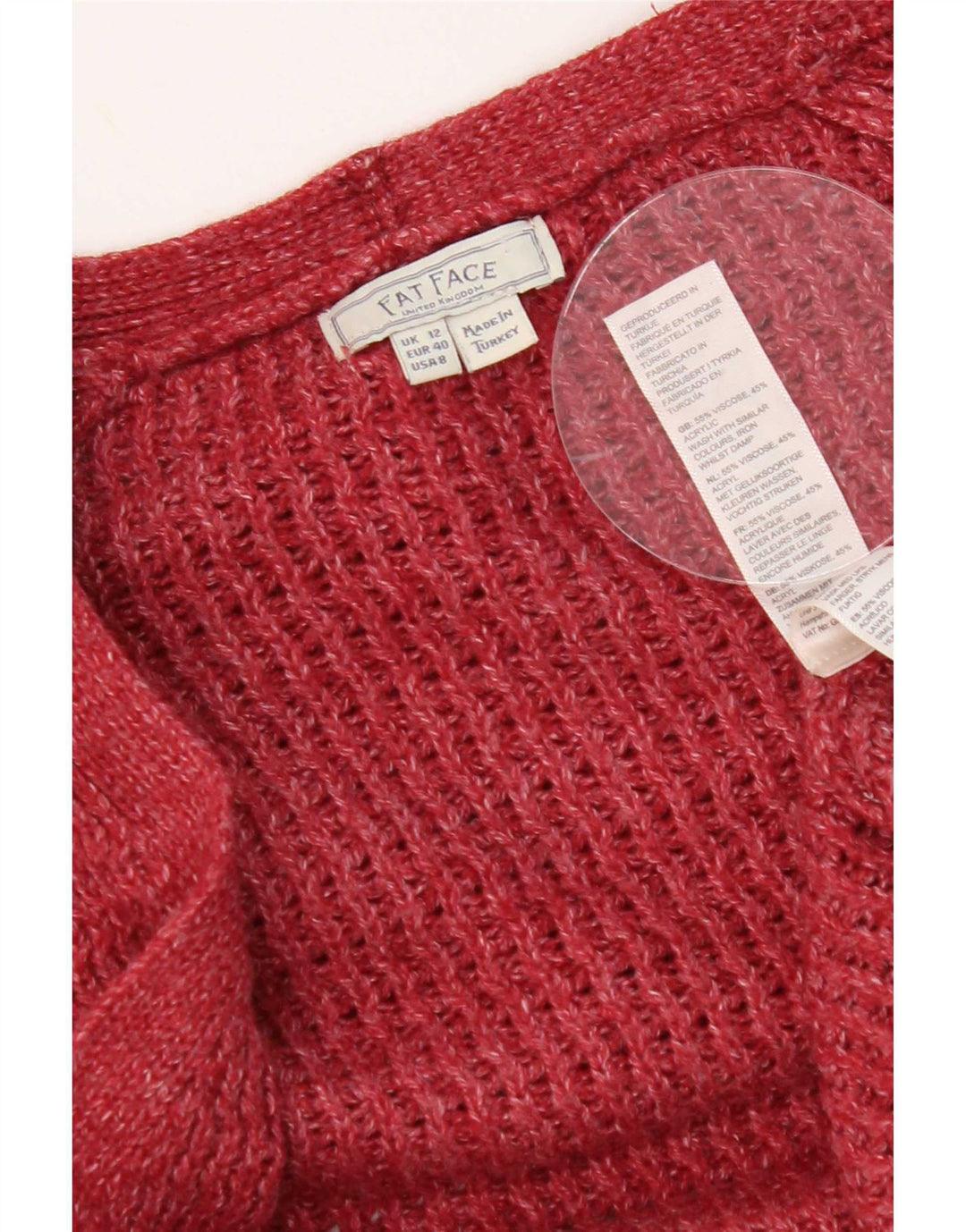 Damski sweter oversize Fat Face z otwartym kardiganem UK 12, średni czerwony, wiskoza