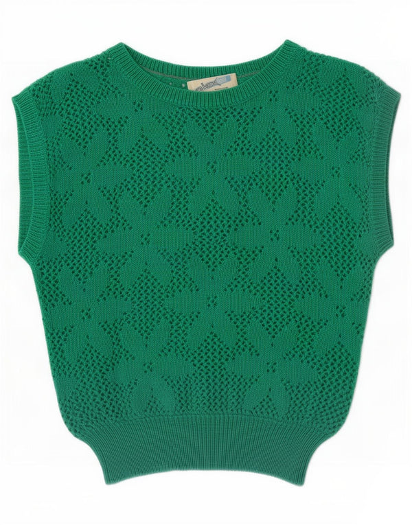 Vintage damski podkoszulek z kamizelką w stylu Crochet UK 12, średni zielony, kwiatowy akryl