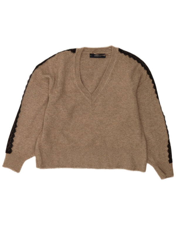 Sweter damski Zara Oversize z dekoltem w kształcie litery V, UK 10, mały, beżowy, akrylowy