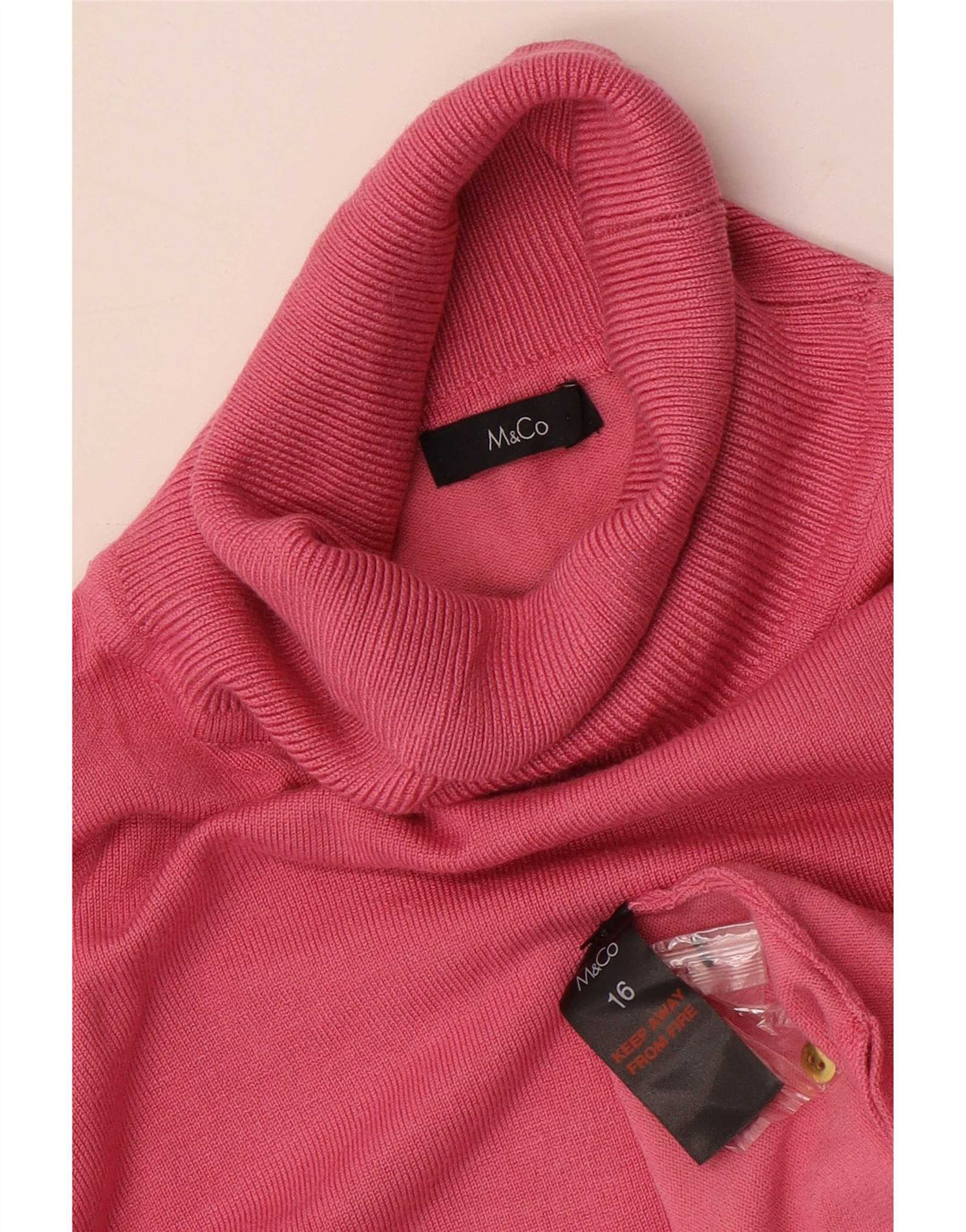 Sweter damski M&Co z wywijanym dekoltem UK 16, duży, różowy, wiskoza