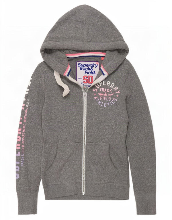 Damski sweter z kapturem Superdry z grafiką i zamkiem błyskawicznym UK 10, mały, szary, nakrapiany