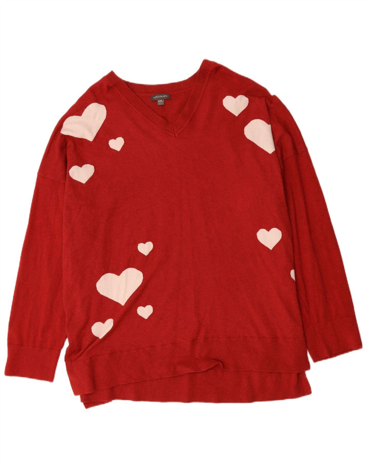 Damski sweter z grafiką z dekoltem w kształcie litery V, z autografem, UK 20 2XL, czerwona wiskoza