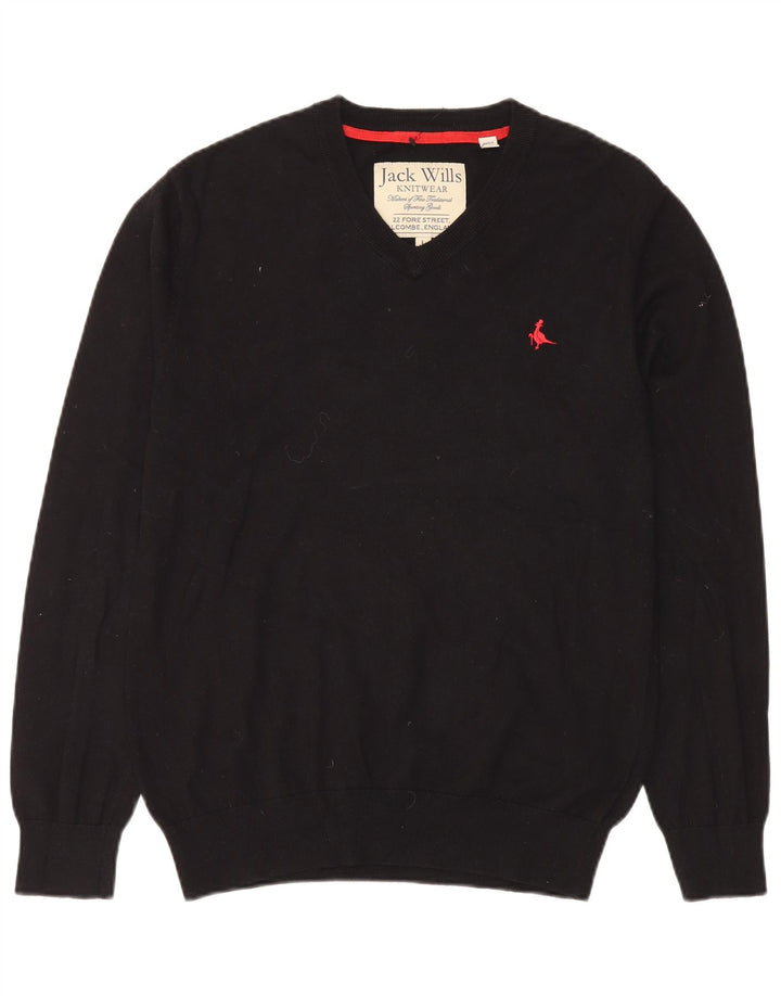 Jack Wills Męski sweter z dekoltem w kształcie litery V, duży, czarny, bawełniany