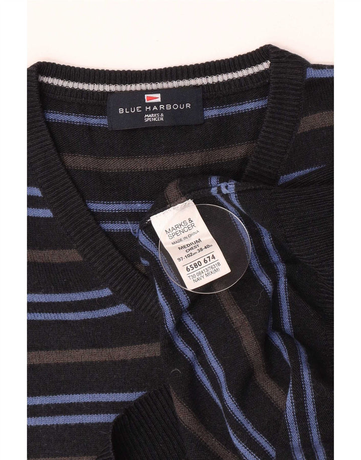 Marks & Spencer Męski sweter z dekoltem w kształcie litery V, średni, granatowy, akrylowy w paski