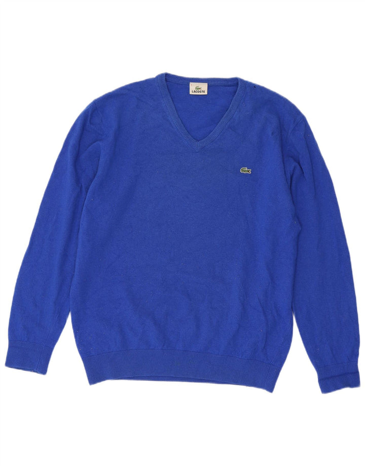 Męski sweter Lacoste z dekoltem w kształcie litery V, rozmiar 6 XL, niebieska dziewicza wełna