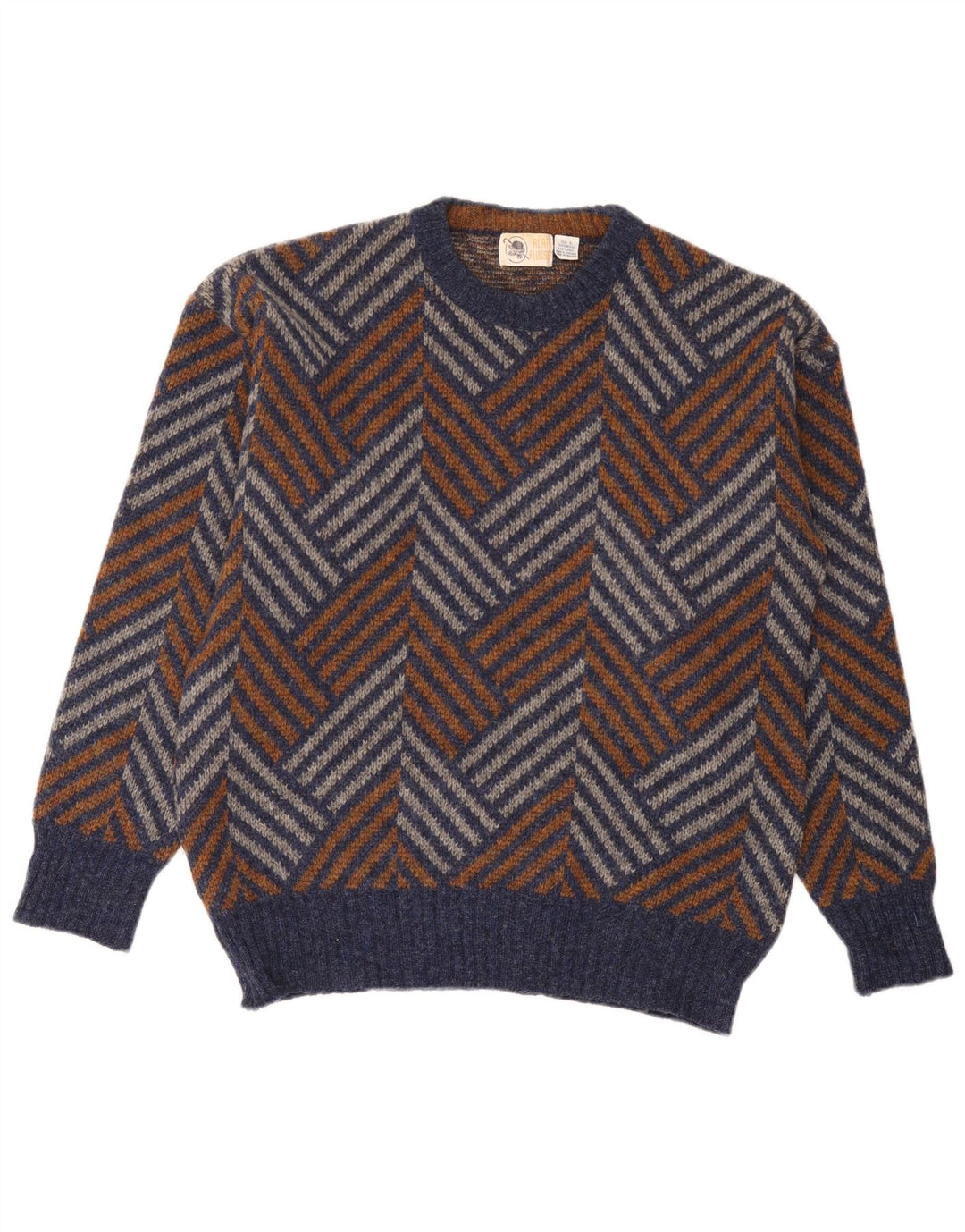 Vintage męski sweter z okrągłym dekoltem, duży, wielobarwny, wełniany jodełka