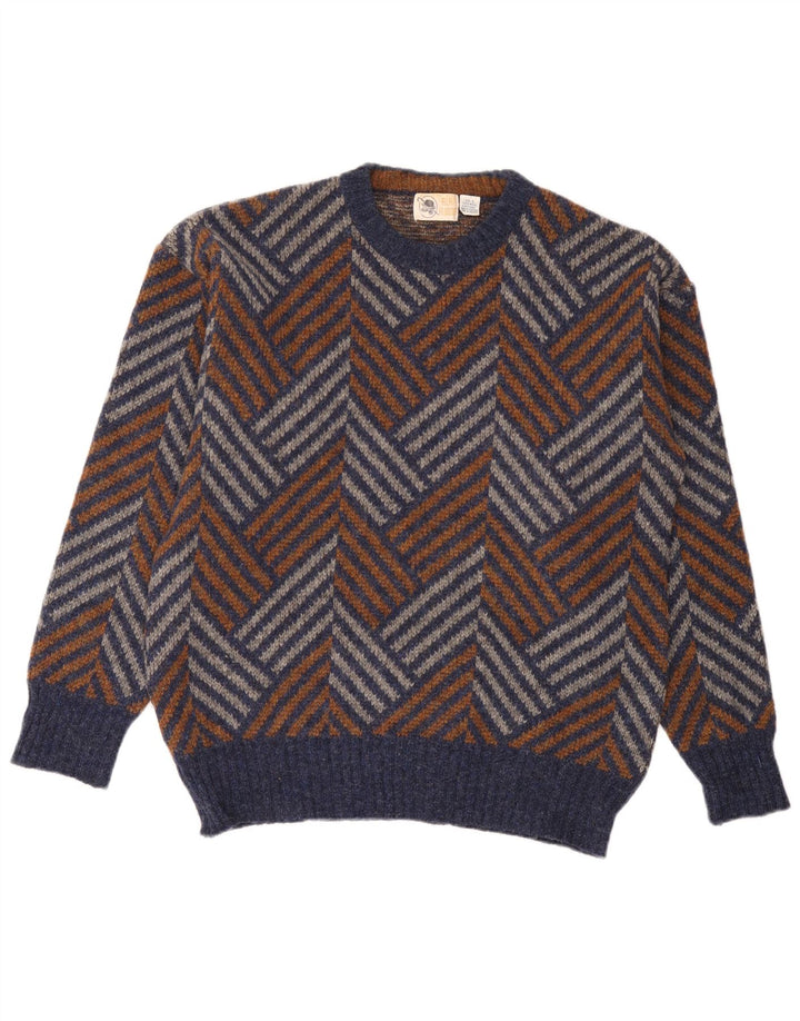 Vintage męski sweter z okrągłym dekoltem, duży, wielobarwny, wełniany jodełka