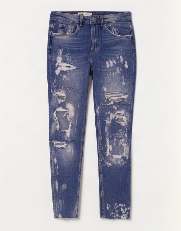 Męskie dżinsy rurki Zara Crop Distressed EU 40 Medium W31 L26 Niebieska bawełna