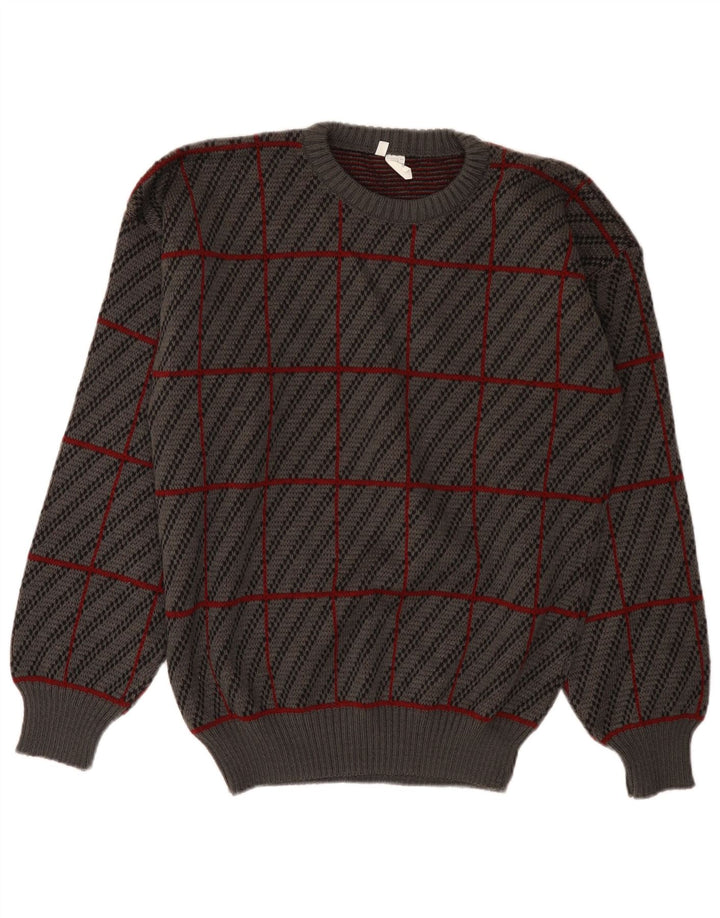 Vintage męski sweter z wycięciem pod szyją IT 50, średni szary, akryl w kratę