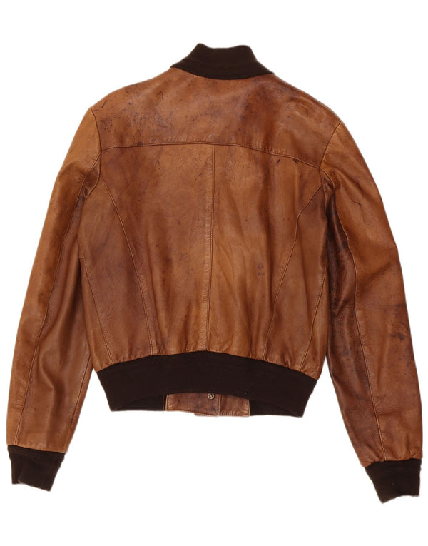 Damska skórzana kurtka bomber w stylu vintage, UK 18 XL, brązowa skóra z blokami kolorów