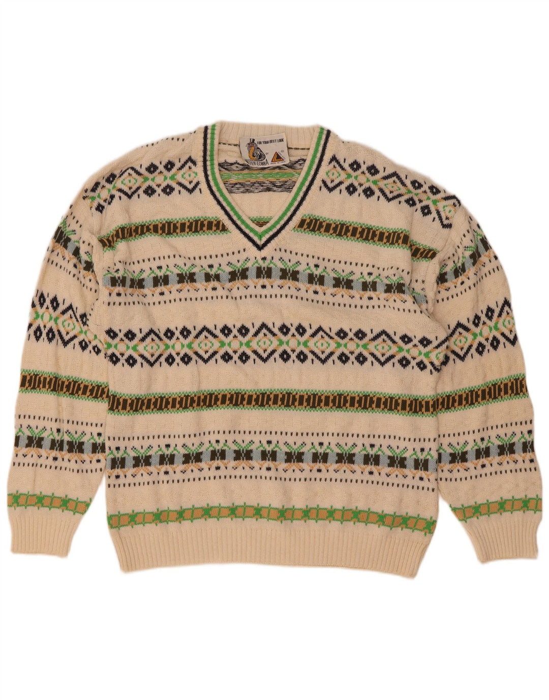 Męski sweter w stylu vintage z dekoltem w szpic, średniej wielkości biała geometryczna bawełna