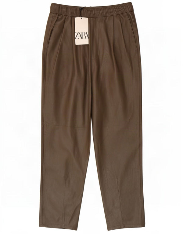 Zara Womens Straight Faux Leather Trousers XS W24 L24 Khaki Polyester