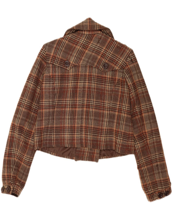 Vintage damski płaszcz typu Crop Pea, UK 16, duży, brązowy, wełniany w kratkę