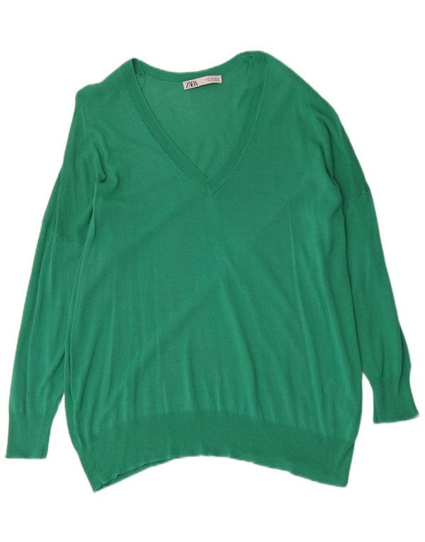Sweter damski Zara Oversize z dekoltem w kształcie litery V, UK 14, średni zielony, bawełniany