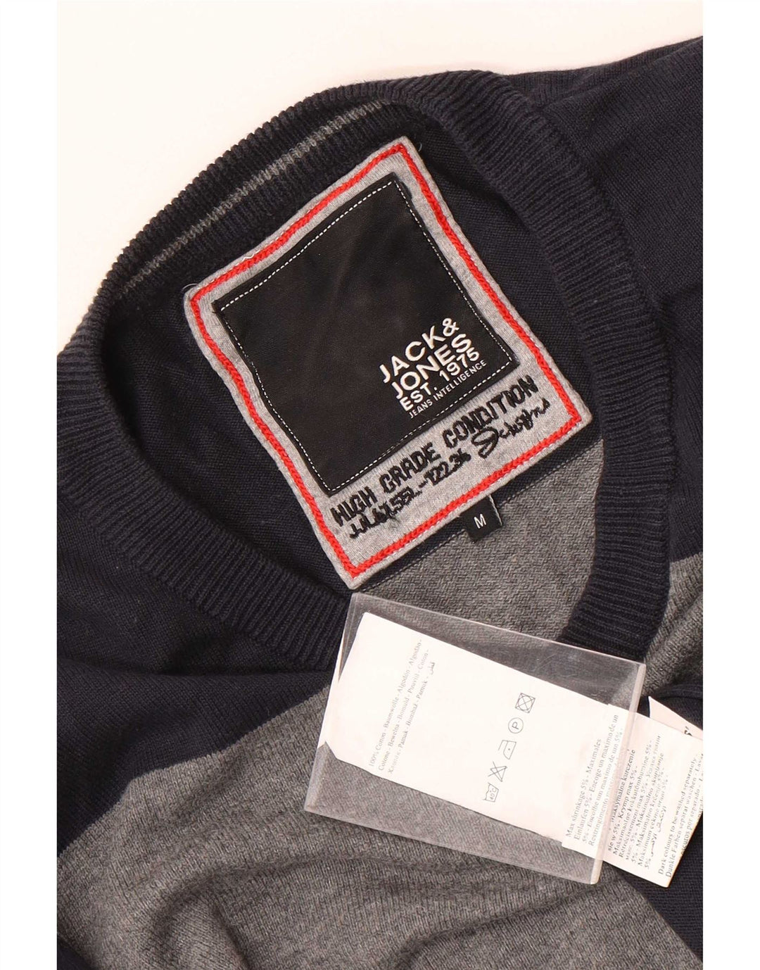Męski sweter Jack & Jones z dekoltem w kształcie litery V. Średni granatowy, bawełniany blok kolorów