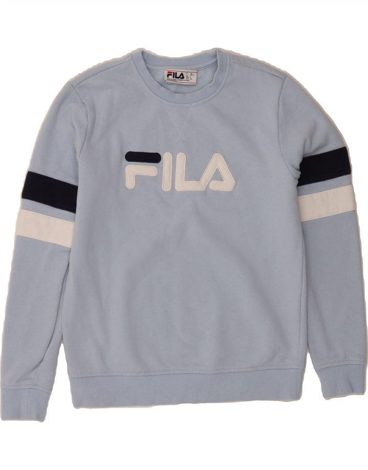 FILA Womens Graphic Sweatshirt Jumper Small Blue Colourblock Cotton Vintage Fila and Second-Hand Fila from Messina Hembry 