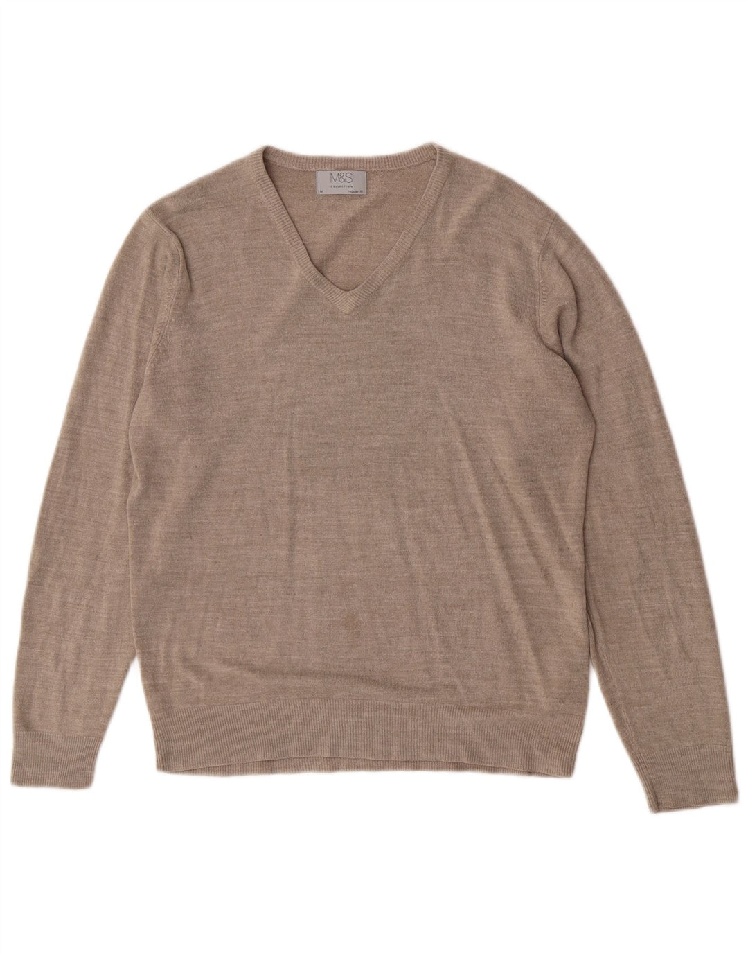 Męski sweter Marks & Spencer o regularnym kroju z dekoltem w kształcie litery V, średnio beżowy, nakrapiany
