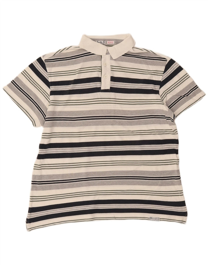 CHAMPION Mens Polo Shirt 2XL White Striped Cotton
