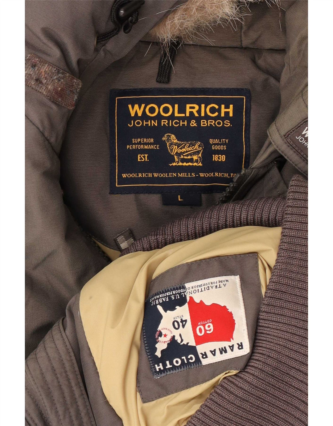 Męska wyściełana kurtka bomber z kapturem Woolrich UK 40, duża, szara bawełna