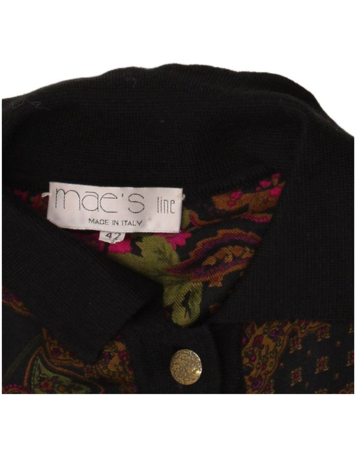 Damska bluzka koszulowa w stylu vintage IT 42 Średnia czarna tkanina lniana w kwiaty