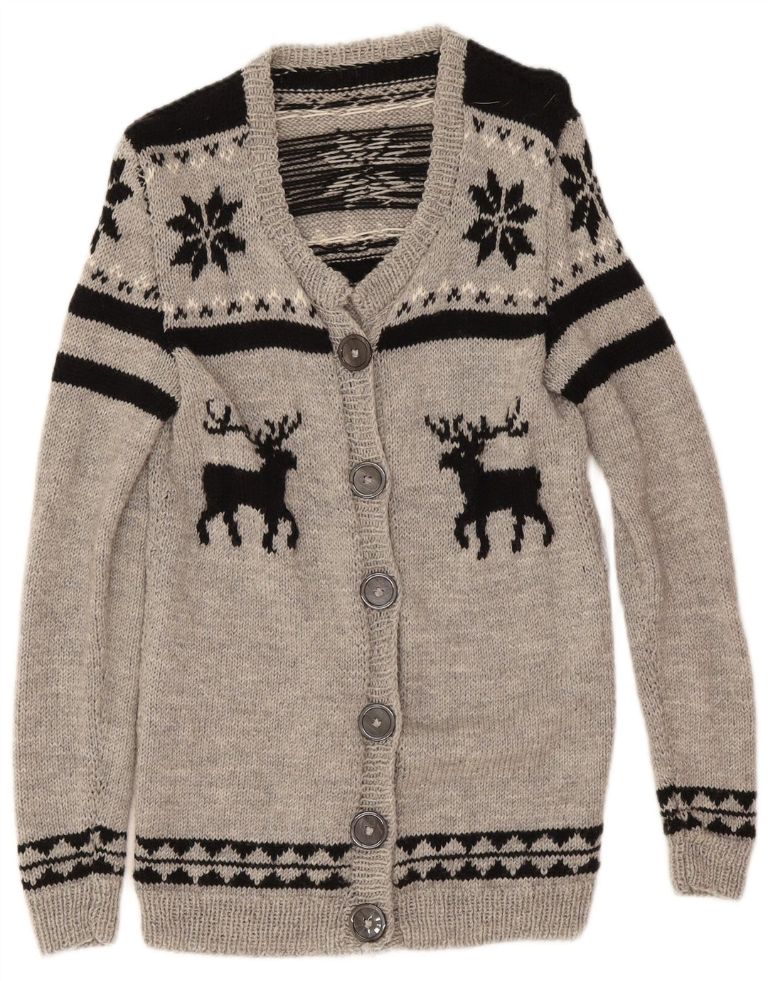 Sweter damski w stylu vintage, kardigan UK 12, średni szary Fair Isle