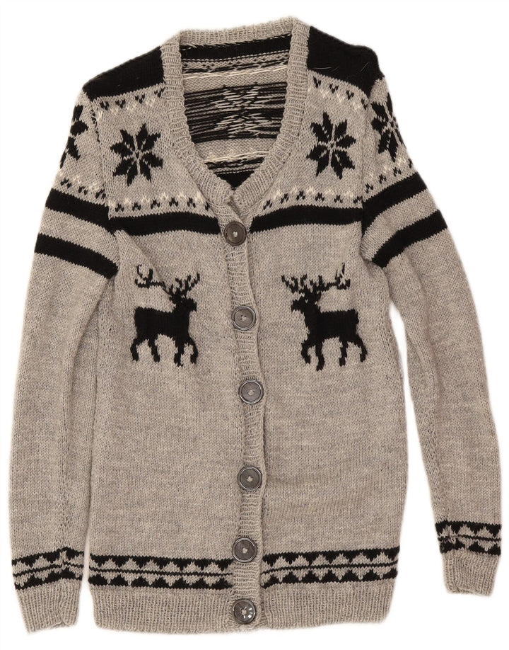 Sweter damski w stylu vintage, kardigan UK 12, średni szary Fair Isle