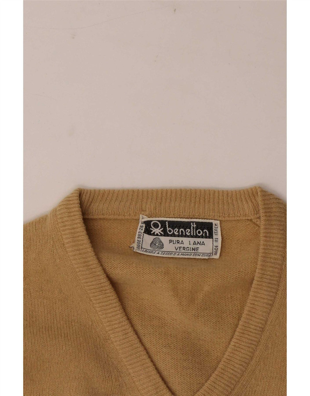 Sweter damski Benetton z dekoltem w kształcie litery V, UK 10, mały, beżowy, wełniany