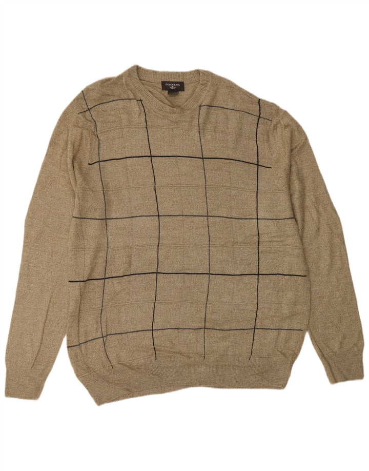 Męski sweter z okrągłym dekoltem DOCKERS, duży, beżowy, akrylowy w kratkę