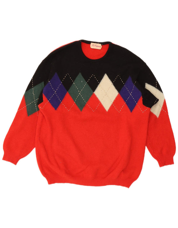 Sweter damski w stylu vintage z okrągłym dekoltem UK 14, duży, czerwony, argyle/diamentowa wełna