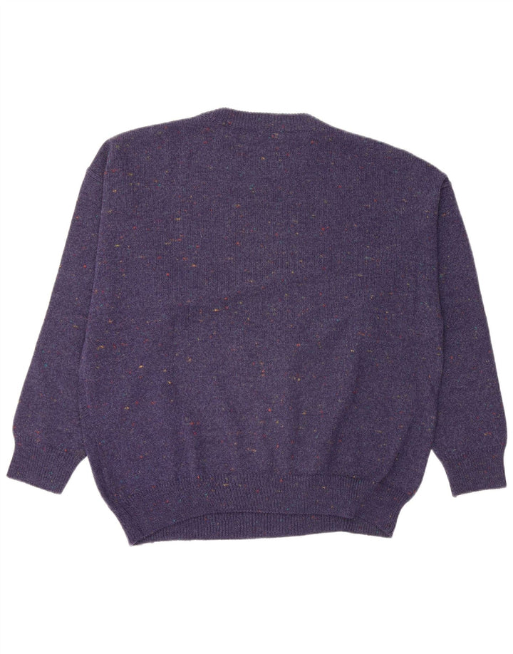 Vintage męski sweter z okrągłym dekoltem, średni granatowy, geometryczny wełniany