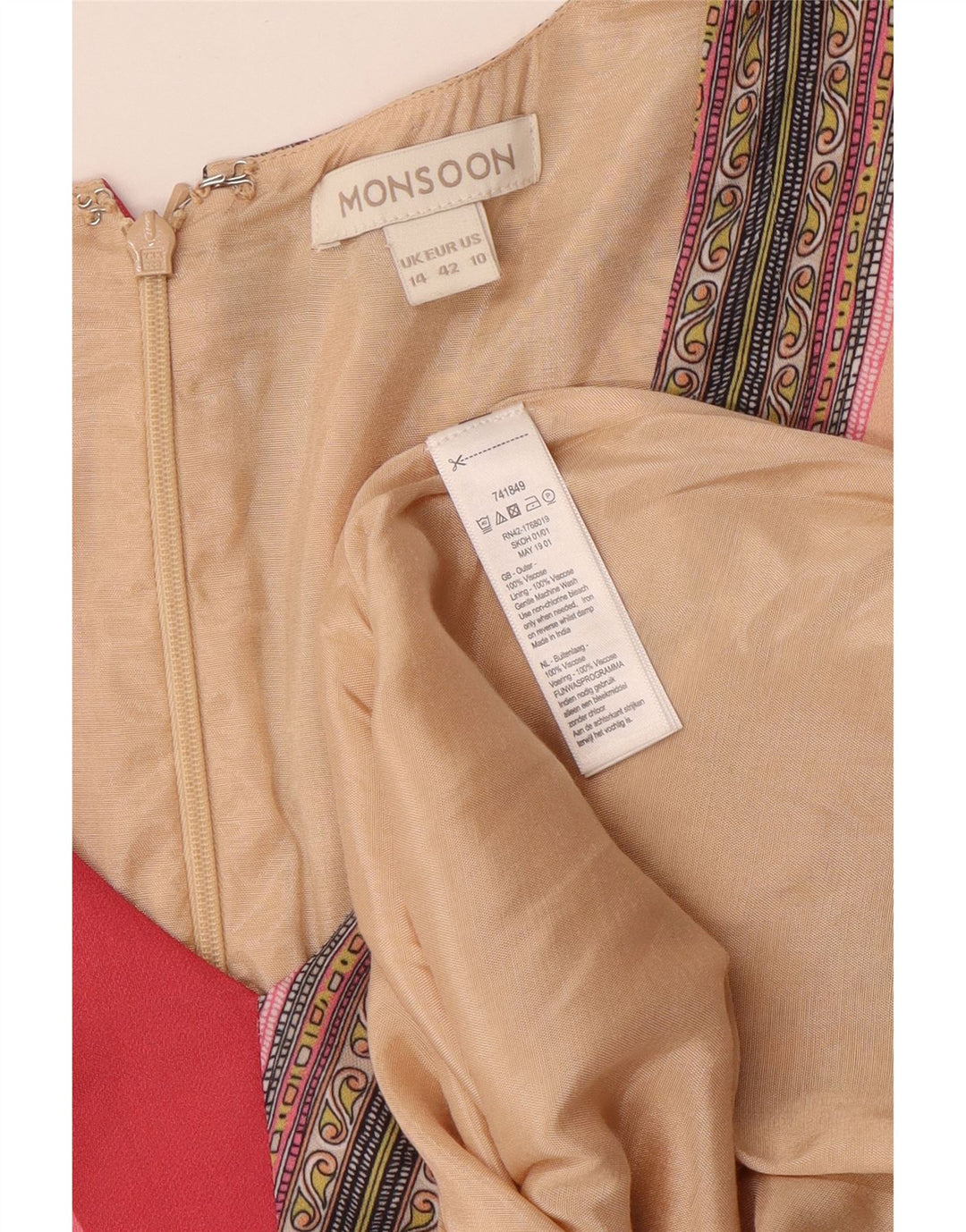 Damska sukienka asymetryczna MONSOON UK 14, duży wielobarwny patchwork