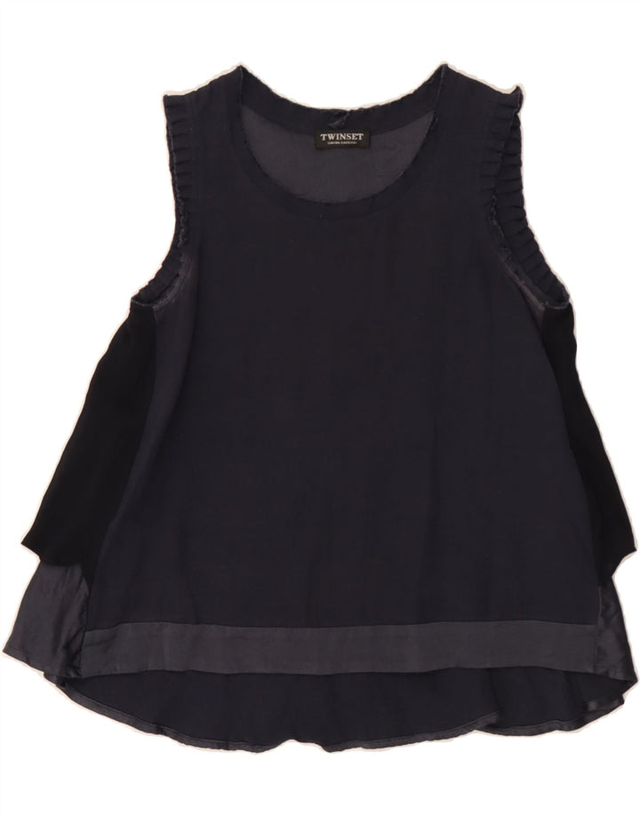 TWINSET Womens Sleeveless Blouse Top UK 12 Medium Navy Blue Vintage Twinset and Second-Hand Twinset from Messina Hembry 