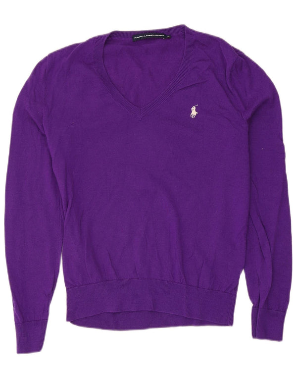 Damski sweter z dekoltem w kształcie litery V, Ralph Lauren, UK 18 XL, fioletowa wełna merynosów