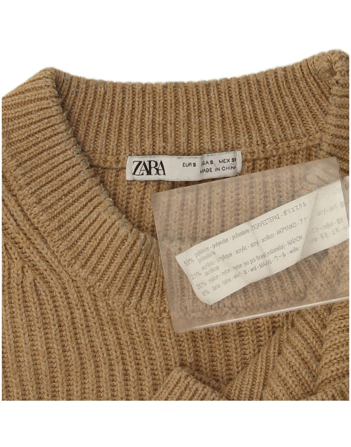 Męski sweter z okrągłym dekoltem Zara, mały, beżowy poliester