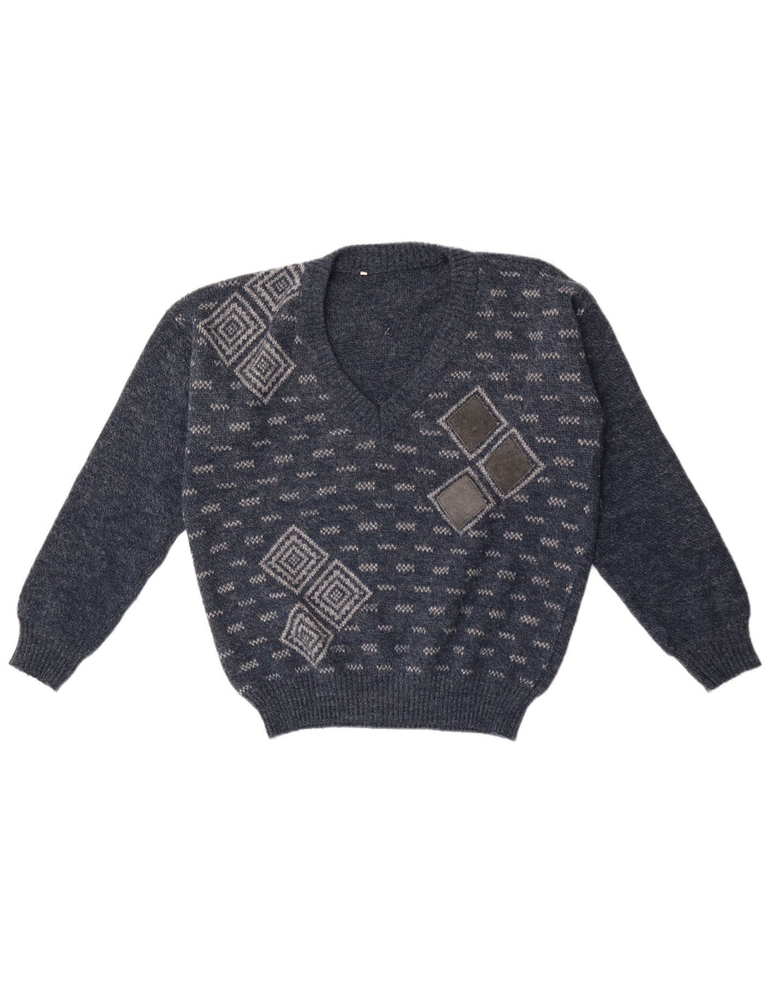 Vintage męski sweter z dekoltem w kształcie litery V, średni granatowy geometryczny