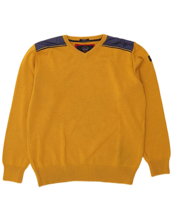 Męski sweter Paul & Shark z dekoltem w kształcie litery V, 2XL, żółta, wełniana z blokami kolorów