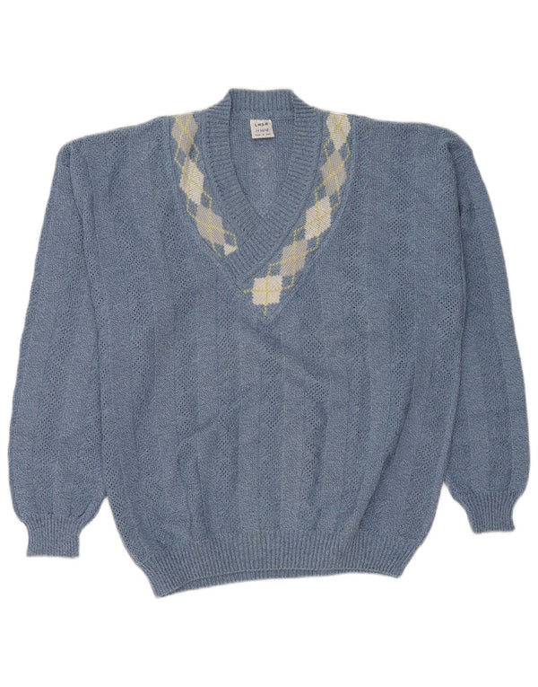 Damski sweter z dekoltem w kształcie litery V, Lasa IT 46/48, duży niebieski Argyle/Diament