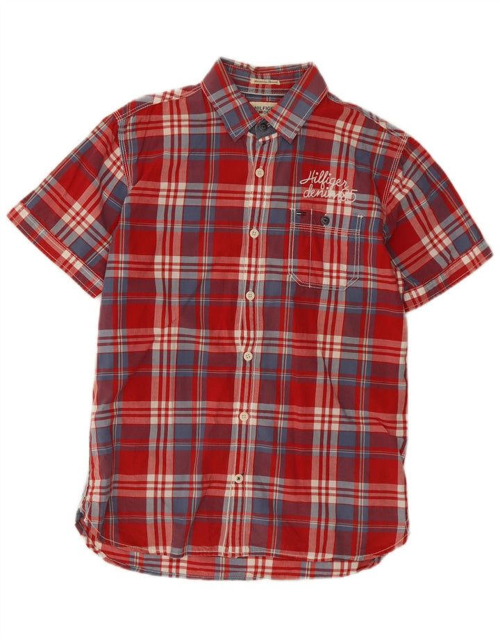 Męska koszula z krótkim rękawem Tommy Hilfiger, mała, bawełniana w czerwoną kratę
