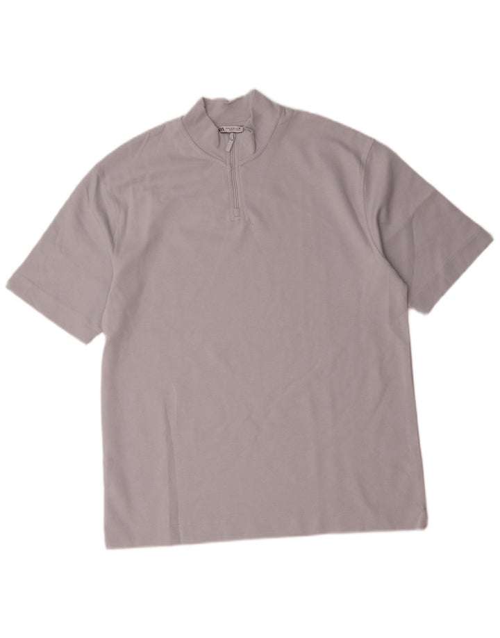 Męski T-shirt Zara z zamkiem błyskawicznym, bawełniany kolor średni niebieski